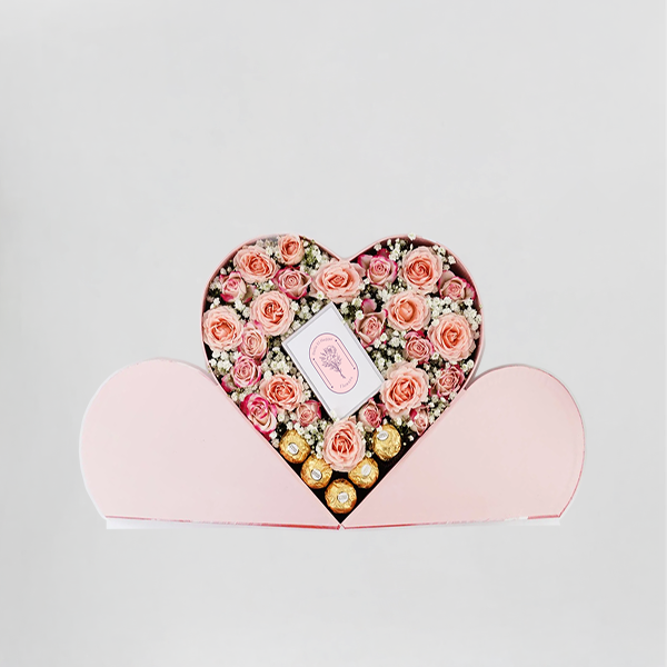 Heart-Shaped Blush Rose & Chocolate Box