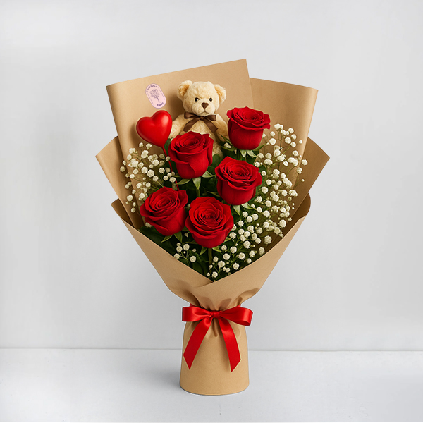 Red Roses & Teddy Bear Bouquet