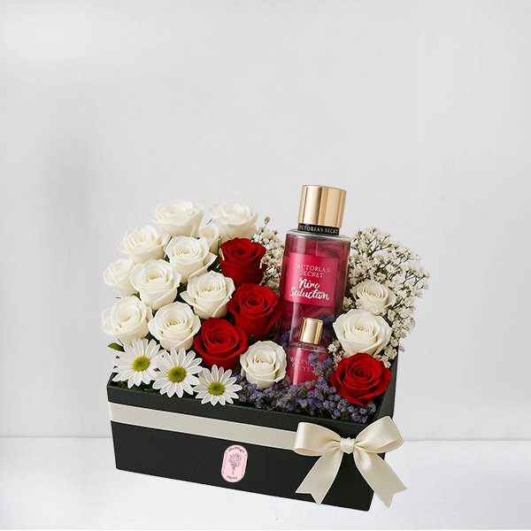 Red & White Roses with Daisies Gift Box + Eva Mist