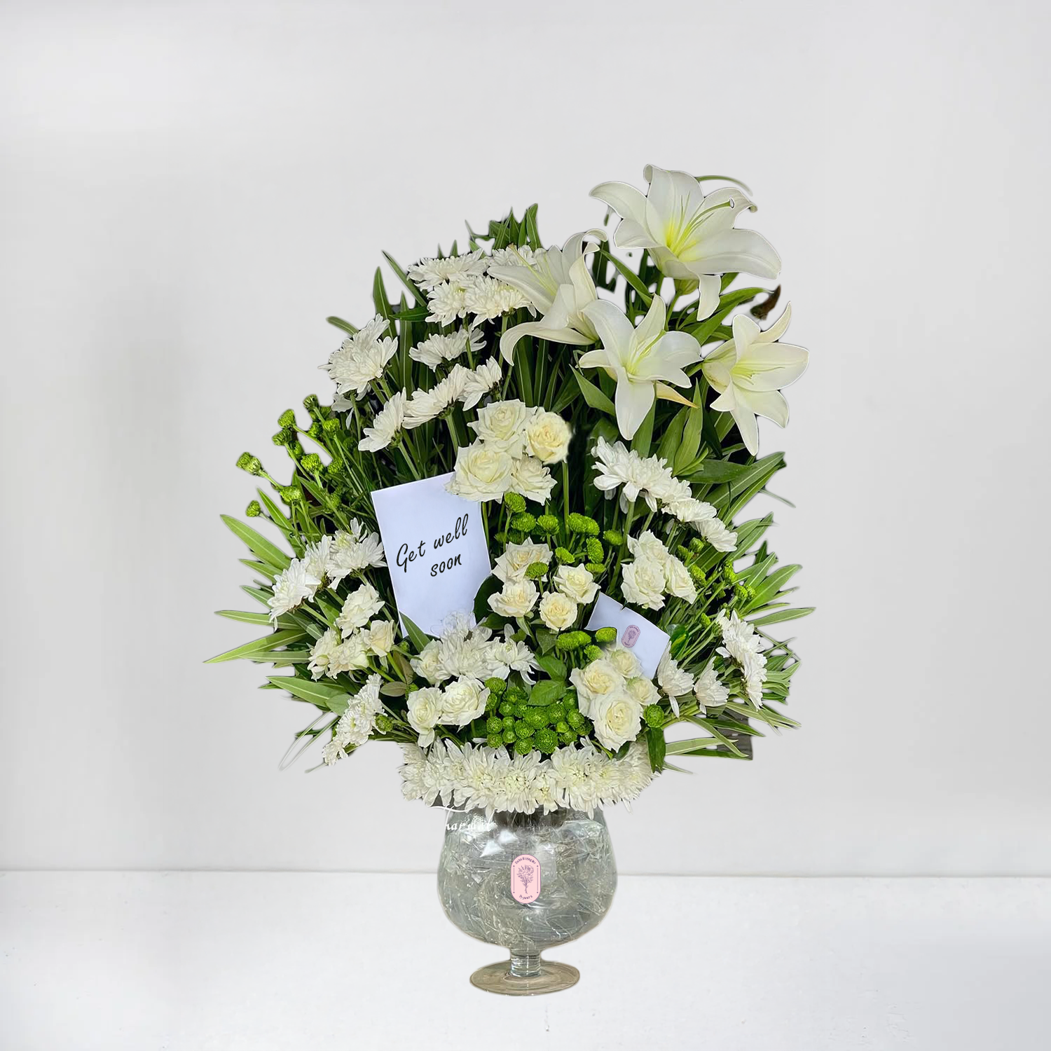 White Lilies & Chrysanthemums in Glass Vase