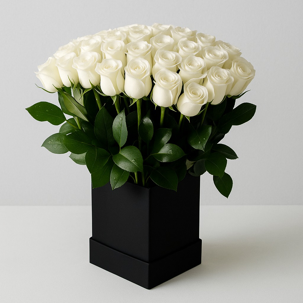 Elegant White Rose Flower Bouquet in Black Box