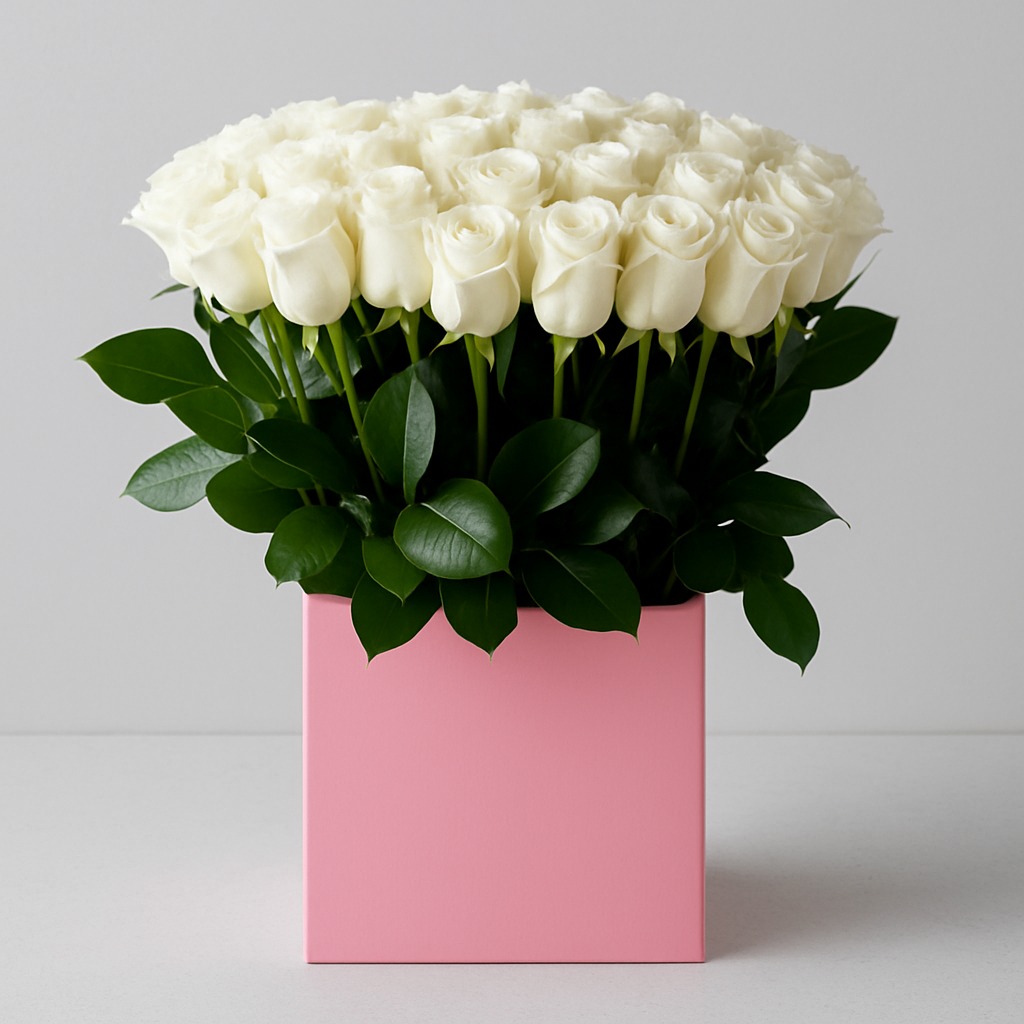 Luxury White Roses Bouquet in Pink Box