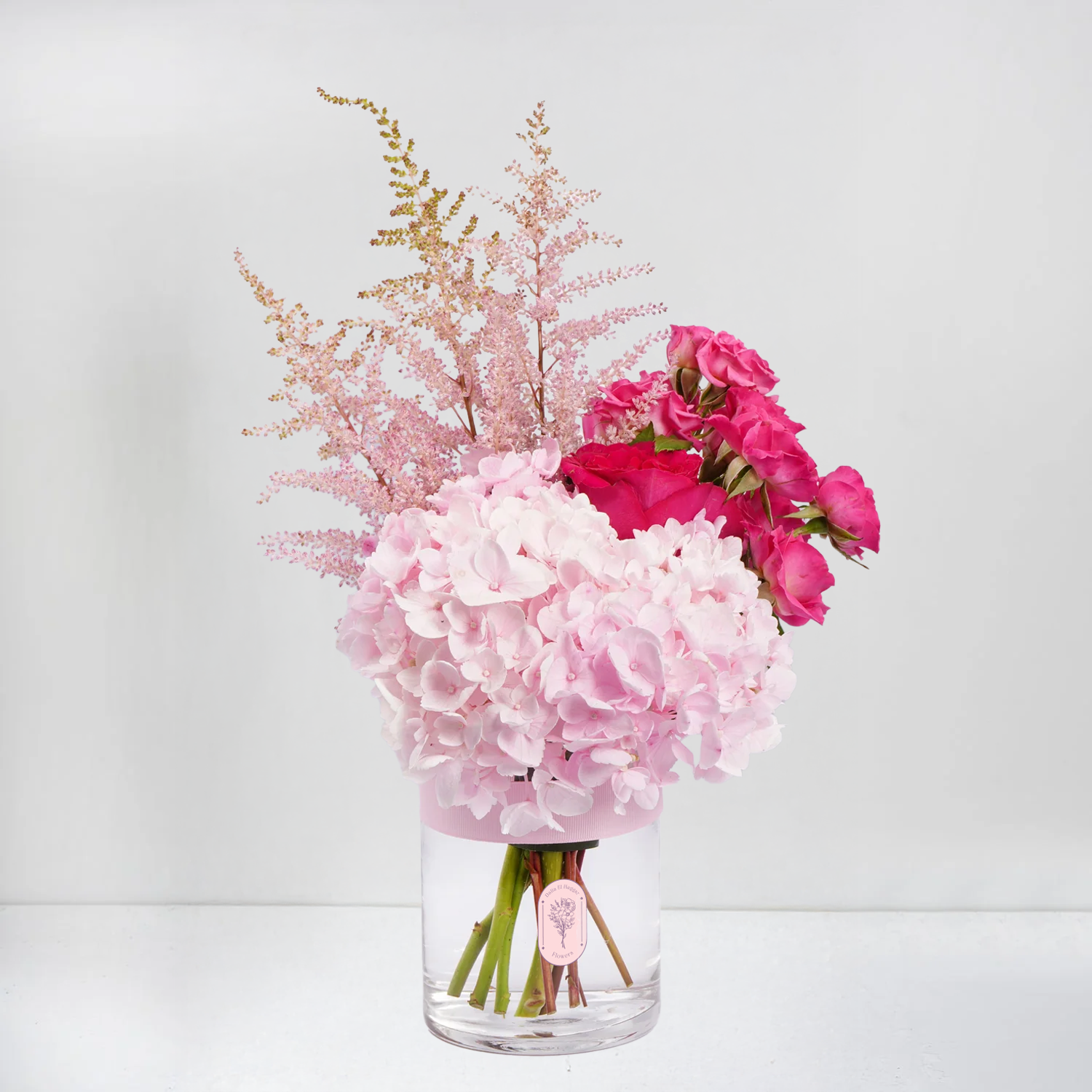 Hydrangeas, Soft Pink Astilbes & Hot Pink Roses in Glass Vase