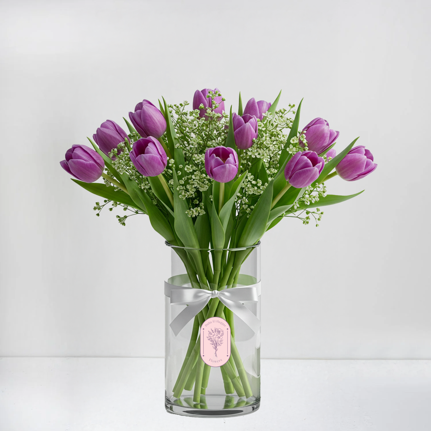 Lavender Tulips & Baby’s Breath in Clear Glass Vase – Soft & Elegant