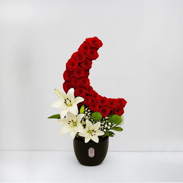 Crescent-Shaped Red Roses & White Lilies