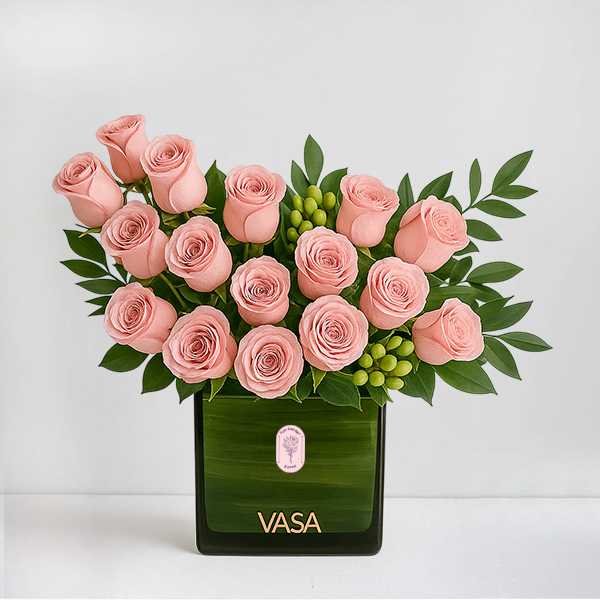 Blush Pink Roses & Greenery in a Modern Glass Vase