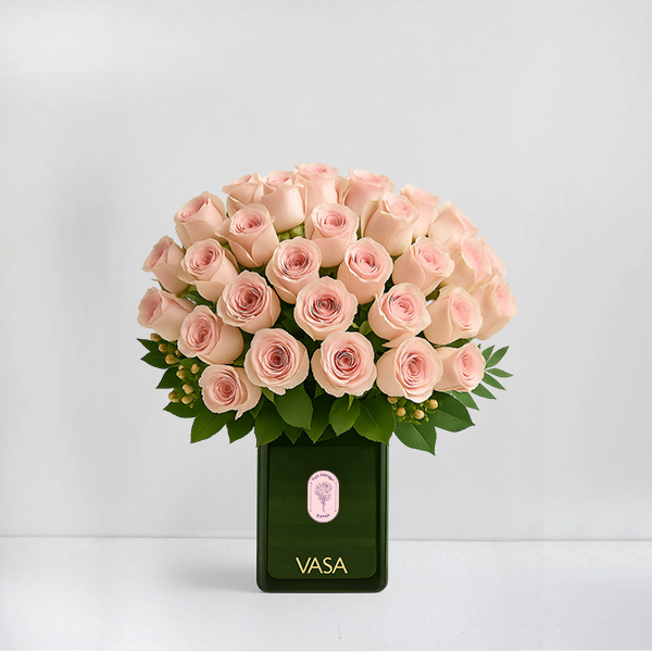 Grand Blush Pink Roses in an Elegant Green Vase