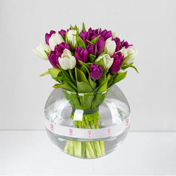 White & Purple Tulips in a Round Glass Vase
