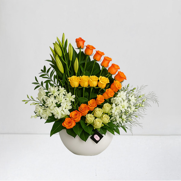 Orange, Yellow & Cream Roses with White Orchids