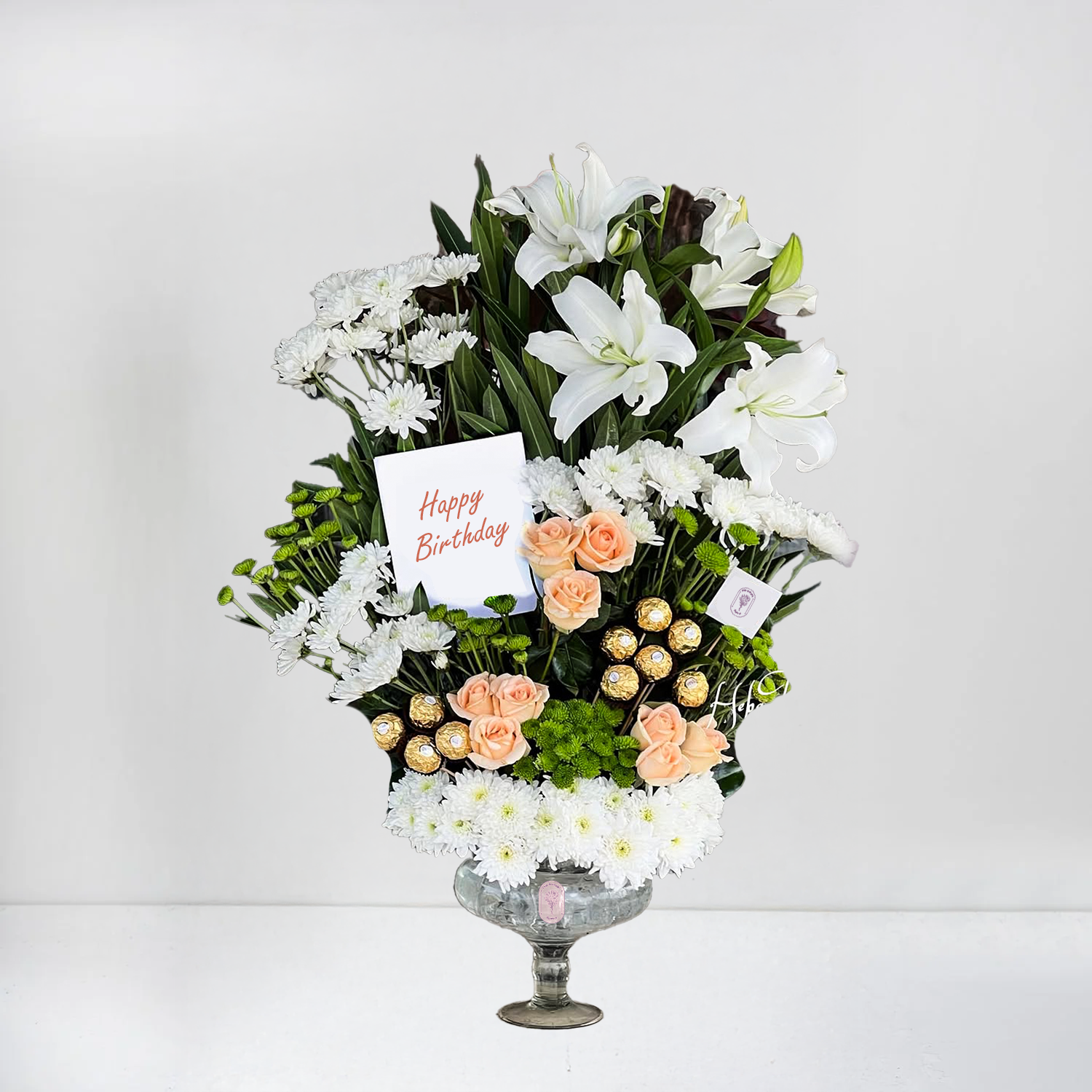 Cheerful White Flowers, Peach Roses & Ferrero Chocolates
