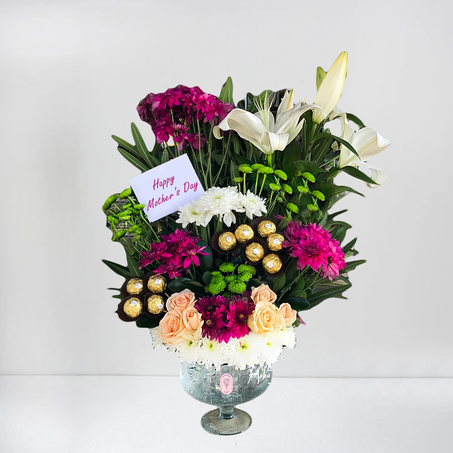 Mother’s Day Bouquet of Pink Chrysanthemums, Lilies, Roses & Chocolates