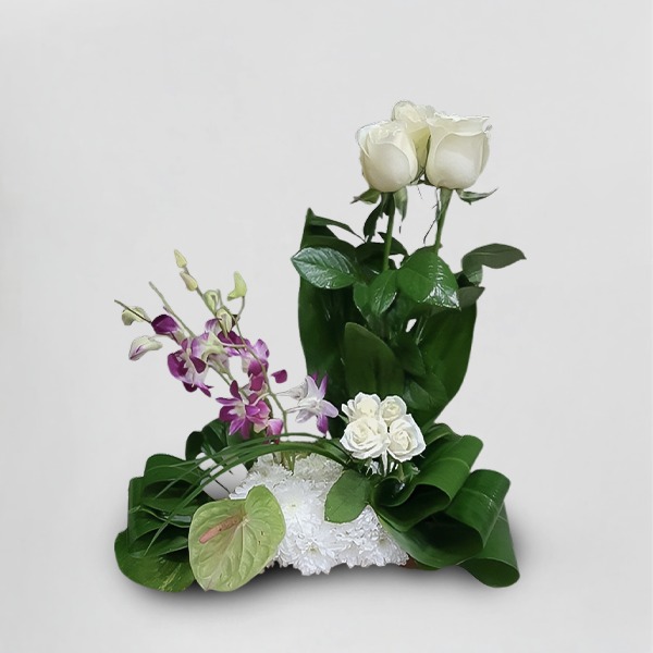 White Roses & Orchids in Modern Vase